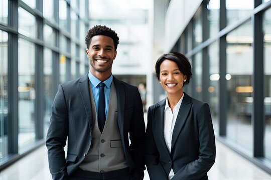 Confident professionals black man and woman in business attire, engaged in successful teamwork and corporate discussions.