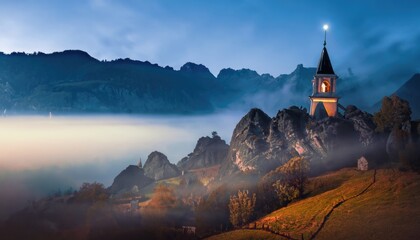 Mountains in fog with beautiful house and church at night in autumn