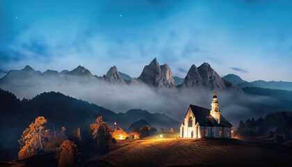 Mountains in fog with beautiful house and church at night in autumn