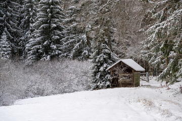 Winterlandschaft, schneebedeckt - alte hölzerne Blockhütte mit Schneefall
