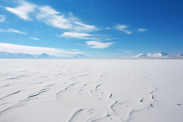 antarctic desert landscape, cold snow plain under blue sky