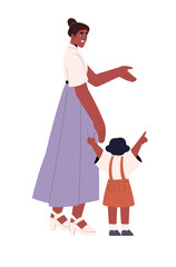 Friendly family walking together. Cute kid pointing hand finger. Happy mother explaining to child, communicate with baby. Daughter holds mom by skirt. Flat isolated vector illustration on white
