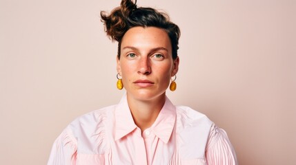 Obraz premium This Caucasian fashionista showcases diverse stylish hairstyles and trendy outfits against a light beige-pink studio setting.