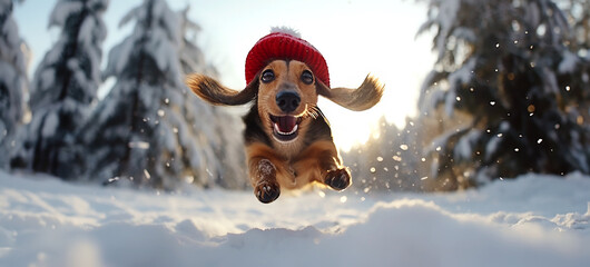 Cute dachshund dog with a Santa's hat running, jumping in the snow, daytime in the winter snow in...