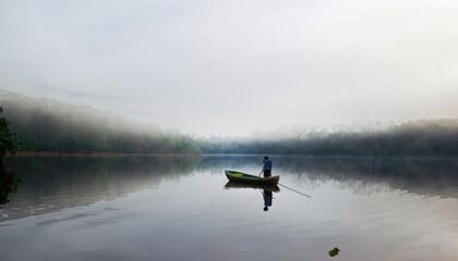 Fog over the lake. In calm water reflection mirror