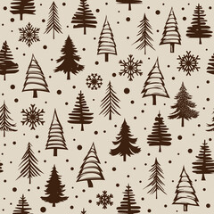 Winter background, Christmas trees and snowflakes, seamless pattern, vector design