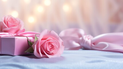 Pink rose and a blue gift box with white bow. Happy Valentine's Day greeting card concept. AI generated image