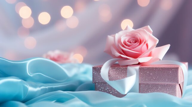 Pink rose and a blue gift box with white bow. Happy Valentine's Day greeting card concept. AI generated image