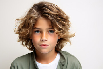 Portrait of a cute little boy with blond curly hair looking at camera - obrazy, fototapety, plakaty