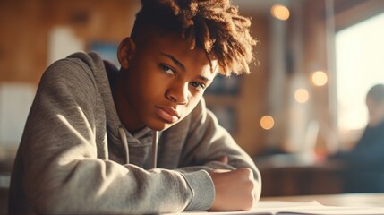 A classroom portrait reveals a solitary, upset teen boy at a table, looking directly at the camera. - obrazy, fototapety, plakaty