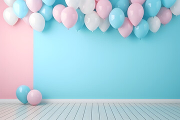 Balloons decoration for birthday celebrations. Blue and pink color. - obrazy, fototapety, plakaty