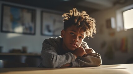 A solitary afro teenager looks directly at the camera, revealing the weight of his sorrow while sitting alone in a classroom. - obrazy, fototapety, plakaty
