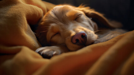 red dog dozing on a blanket - obrazy, fototapety, plakaty