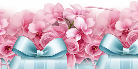 Greeting background with pink flowers and ribbons. Women's day, birthday, mothers day concept