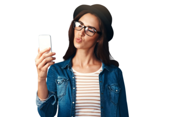 Phone selfie, kiss and woman with social media on isolated, transparent or png background. Smartphone, profile picture and female fashion influencer with live streaming app, photography or blog post