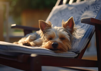 cute yorkshire terrier resting on a wooden chair