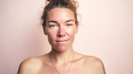 An intimate portrait featuring a Caucasian woman with flaws in her skin, confidently posing against a studio light beige background.