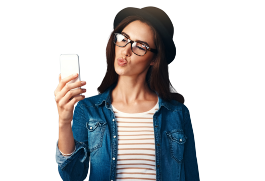 Phone selfie, kiss and woman with social media on isolated, transparent or png background. Smartphone, profile picture and female fashion influencer with live streaming app, photography or blog post - Powered by Adobe
