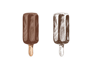 A hand-drawn colored and monochrome sketch of ice cream, popsicle on a stick in chocolate. Vintage illustration. Element for the design of labels, packaging and postcards..