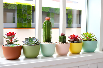 Succulent pots are placed side by side on a warm window sill. The shapes of the green succulents are all different and cute.
Generative AI.