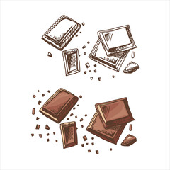 A hand-drawn colored amd monochrome sketch of pieces of chocolate bars. Vintage illustration. Element for the design of labels, packaging and postcards..