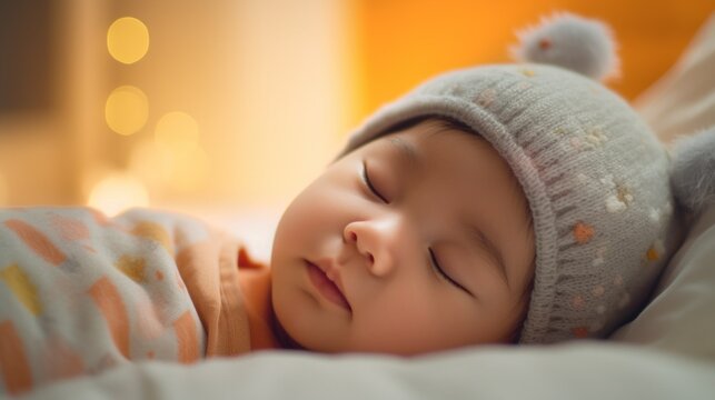 The image shows a baby in a restful slumber in a cozy bed in a child's room.