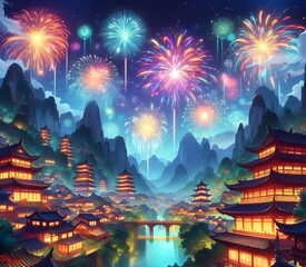 Lunar New Year imagery of a fantasy Chinese town beneath colorful Spring Festival fireworks at night.