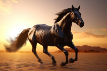 Dark steed galloping. Black beauty and muscular horse prancing desert. Generate AI