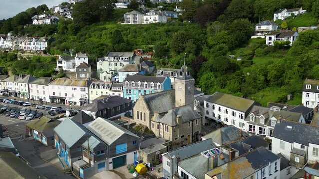 Drone view of an old church in Looe, Cornwall, England, United Kingdom