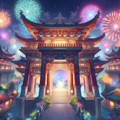 Lunar New Year imagery of a fantasy Chinese gate beneath colorful Spring Festival fireworks at night. - obrazy, fototapety, plakaty