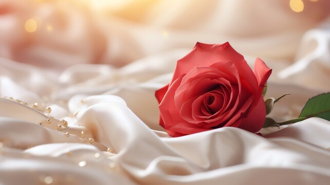 Red rose on the silk bedsheet. Happy Valentine's Day greeting card concept. AI generated image