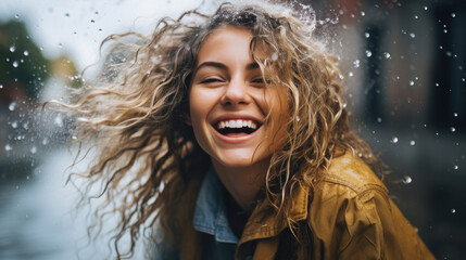 young beautiful joyful woman in a yellow raincoat in the rain, cheerful girl, happy face, spring, shower, walk, street, emotional portrait, expression, water, drops, splashes