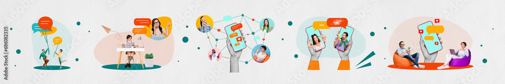 Poster horizontal collage image of successful people working online remote job with modern technology isola
