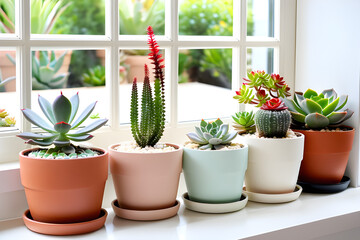 Succulent pots are placed side by side on a warm window sill. The shapes of the green succulents are all different and cute.
Generative AI.