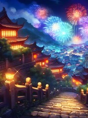 Hilltop view of a fantasy Chinese town beneath colorful Spring Festival fireworks at night. Lunar New Year imagery.