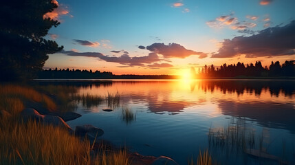 sunset at coast of the lake nature landscape.
