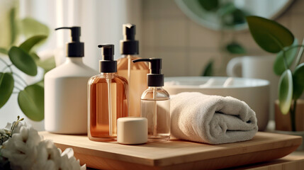 Obraz na płótnie Canvas bottles with gels and shampoos in the bathroom