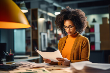 Young african woman with curly hair with glasses working in office with documents or doing company income analysis, accounting and company records.generative ai - Powered by Adobe