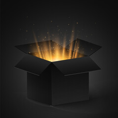 Open 3d gift box with golden glow and flying particles. Graphic element for sale or holiday. Vector illustration.