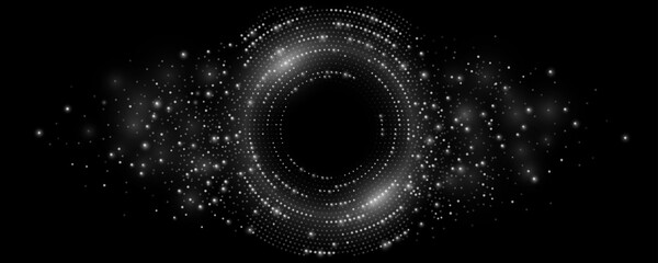 Futuristic digital circles of glowing dots. Information particles in a neural network. Big data visualization into cyberspace. Artificial intelligence banner. Vector illustration. EPS 10.