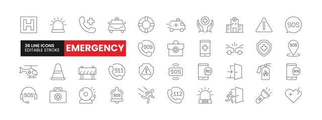 Fototapeta na wymiar Set of 36 Emergency line icons set. Emergency outline icons with editable stroke collection. Includes Police, Ambulance, Fire Alarm, 911, Hospital, and More.