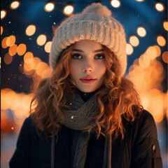 December image with warm lights, model girl background celebrations at night, winter atmosphere,...