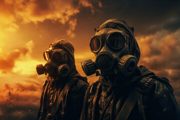 Two people wearing a protective suit against chemical pollution against the background of orange air, apocalypse and chemical weapons motif.generative ai
