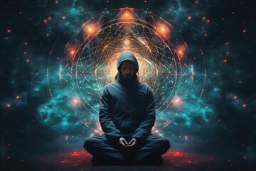 Man in meditation posture on cosmos background - obrazy, fototapety, plakaty
