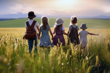 A group of children holding each others hand in front of cloudy sky