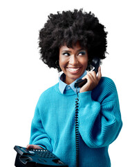 Landline, phone call and black woman talking with a smile and communication. Happy and young...