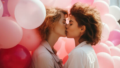 Two lesbians kissing on the background of colorful balloons, valentine's day concept - obrazy, fototapety, plakaty
