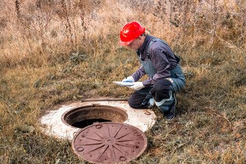 A utility worker in a helmet records the readings of a water meter in a concrete well. Plumbing...