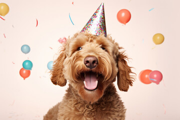 Happy shaggy dog ​​with open mouth looking straight at the camera celebrating his birthday with a birthday hat on his head and balloons in the background on a light pink background.generative ai