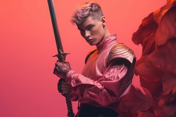 Man with sword pink armor. Fantasy male rose warrior with blade. Generate ai - obrazy, fototapety, plakaty